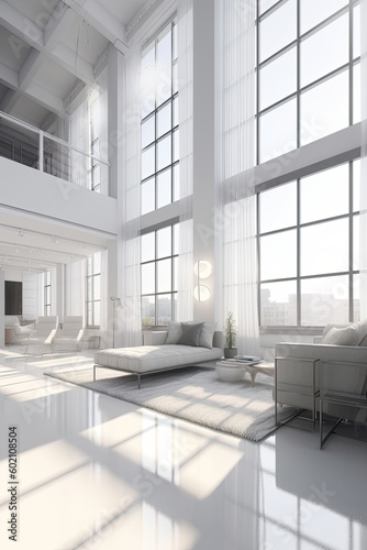Luxurious Modern Design: An Elegant White Marble Loft Interior with Huge Windows and Sunlight. Generative AI © AIGen