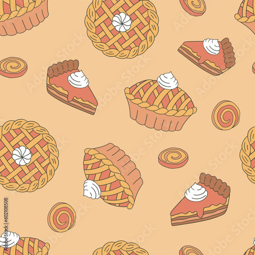 Pumpkin pie cake vector seamless pattern. Retro Thanksgiving day background. Autumn bakery surface design for textile, scrapbook, card making 