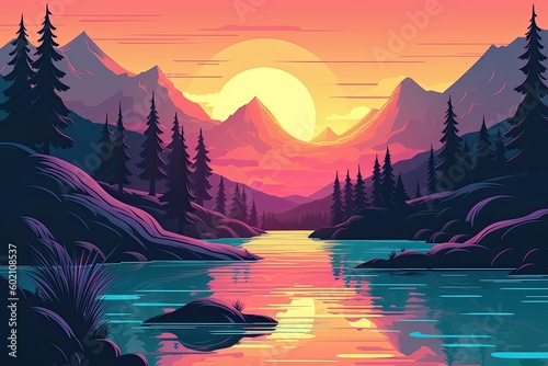Serene Vaporwave Landscape: Peaceful Sunset over a Forest, River and Mountains - Comic Book Artwork. Generative AI