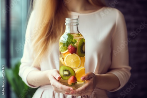 healthy food. woman with fruit water in glass bottle. Generative AI
