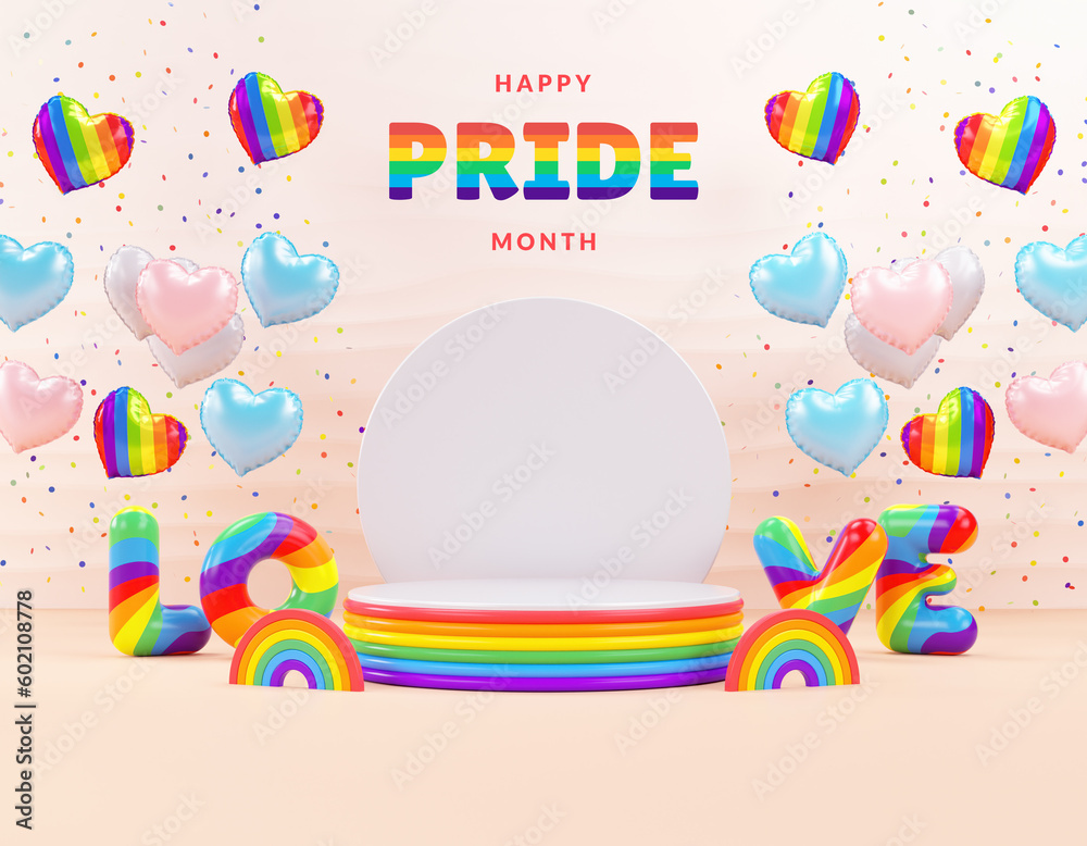 PRIDE month podium background with heart balloons, rainbows and festive stuff for product display and LGBTQIA+ celebration in 3D illustration