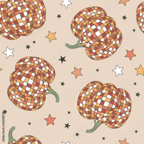 Groovy disco pumpkin vector seamless pattern. Retro Thanksgiving day background. Autumn fall surface design for textile, scrapbook, card making 