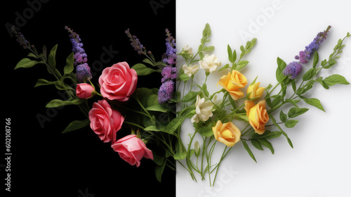 Red and yellow roses and lavender isolated on black and white background for greeting card design