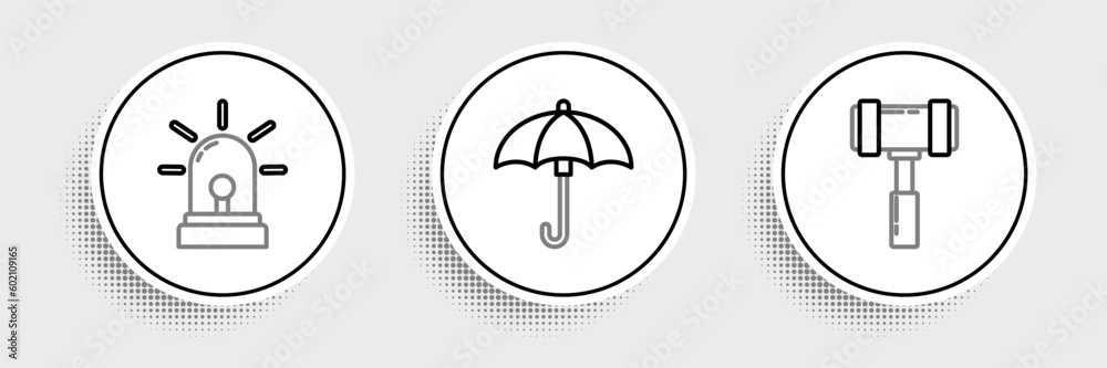 Set line Judge gavel, Flasher siren and Umbrella icon. Vector