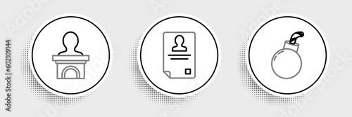 Set line Bomb ready to explode, Stage stand or debate podium rostrum and Identification badge icon. Vector