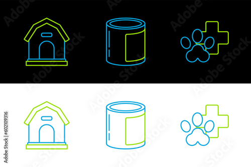 Set line Veterinary clinic symbol, Dog house and Canned food icon. Vector