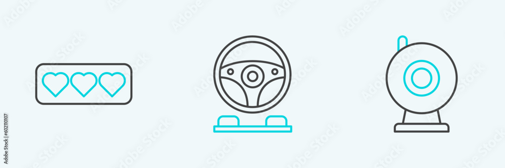 Set line Web camera, Like and heart and Racing simulator cockpit icon. Vector Set line Web camera, Like and heart and Racing simulator cockpit icon. Vector