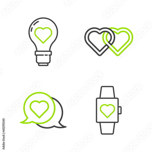 Set line Heart in the center wrist watch, speech bubble, Two Linked Hearts and shape light bulb icon. Vector