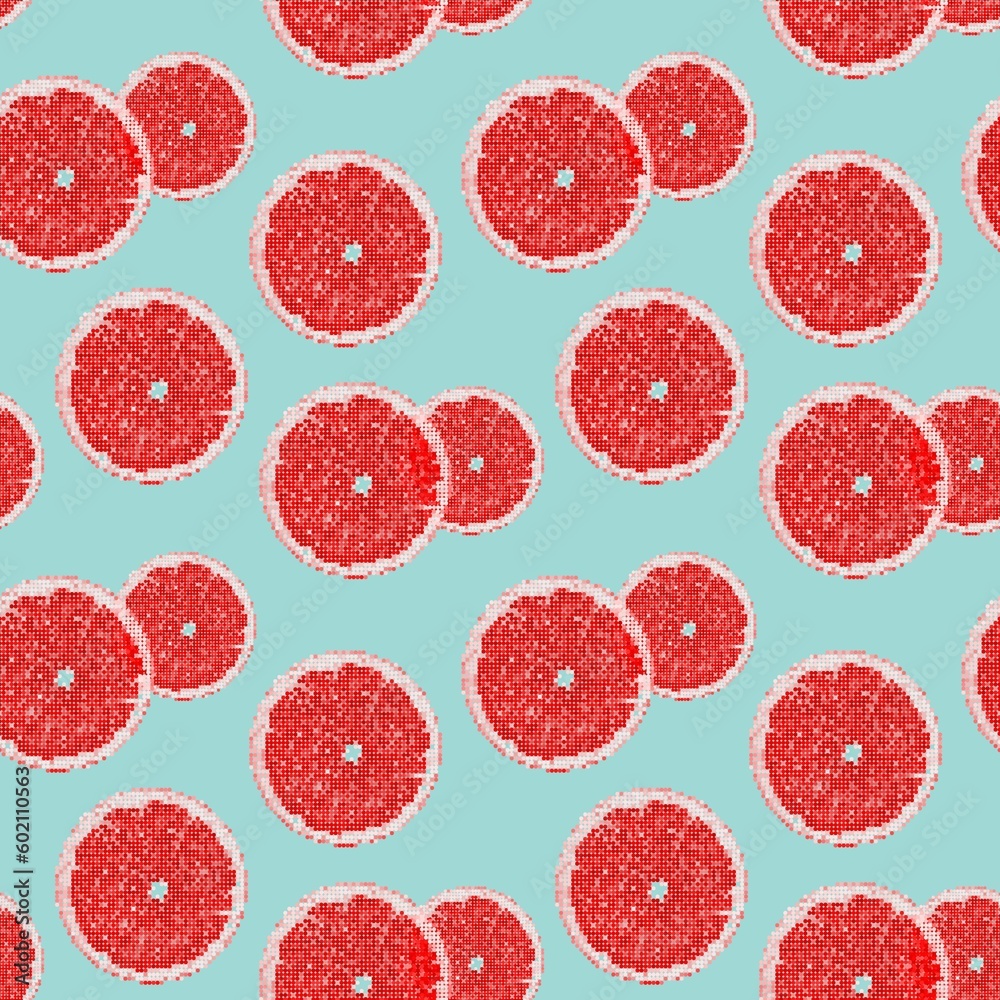 Halftone dotted colored grapefruit slice  on blue background seamless pattern. summer fresh print design. Vector illustration.