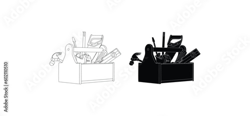 french fries in a box.Big Set of Working Tools Icon (Thin Line Version).Construction tool icon collection - vector illustration.Collage of repair tools on a white background. Selective focus. People.
