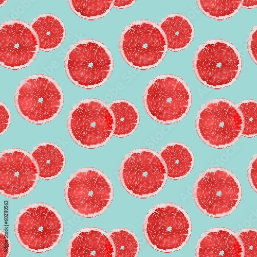 Halftone dotted colored grapefruit slice  on blue background seamless pattern. summer fresh print design. Vector illustration.