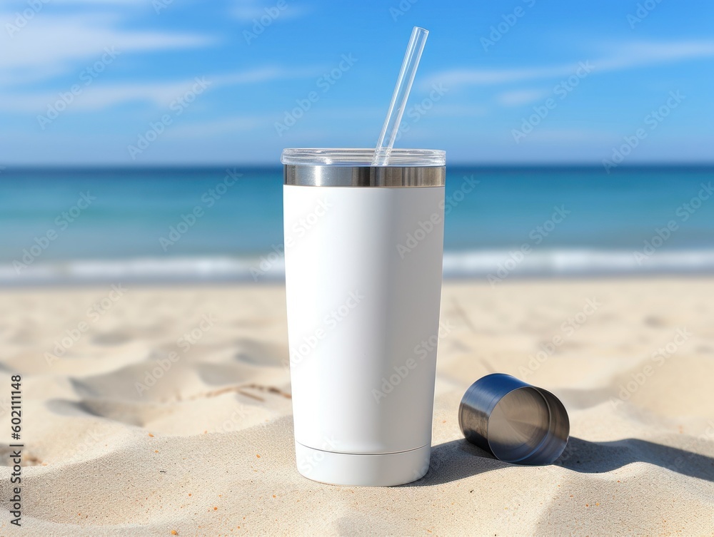 White stainless steel sublimation blank tumblers with straw, product shot, beach background. Metal glass and plastic cup, thermos and shaker design. Generative AI illustration. White stainless steel sublimation blank tumblers with straw, product shot, beach background. Metal glass and plastic cup, thermos and shaker design. Generative AI illustration.