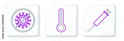 Set line Syringe, Stop virus and Medical thermometer icon. Vector