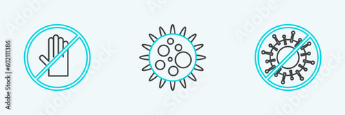 Set line Stop virus, No handshake and Virus icon. Vector