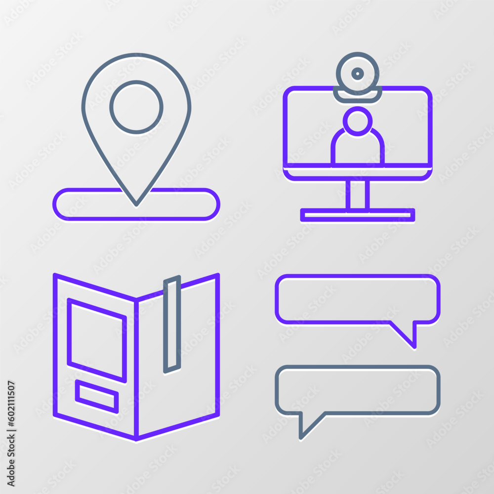 Set line Speech bubble chat, Open book, Video conference and Location icon. Vector Set line Speech bubble chat, Open book, Video conference and Location icon. Vector