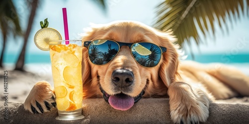 Canvas Print Golden Retriever dog is on summer vacation at seaside resort and relaxing rest o