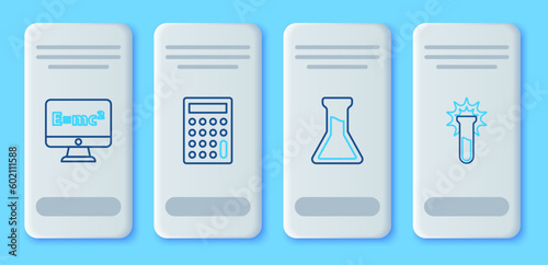 Set line Calculator, Test tube and flask, Equation solution and icon. Vector