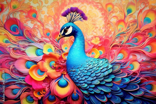 Vibrant Peacock Mural for an Artistic Touch, generative Ai