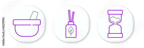 Set line Old hourglass, Mortar and pestle and Aroma diffuser icon. Vector