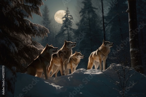 Majestic Wolves in Their Natural Habitat Under the Glowing Full Moon photo