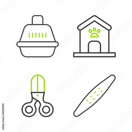 Set line Nail file pet, Scissors hairdresser, Dog house and paw print and Pet carry case icon. Vector