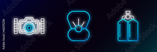 Set line Aqualung, Photo camera and Shell with pearl icon. Glowing neon. Vector