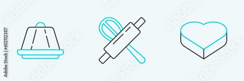 Set line Candy in heart shaped box, Pudding custard and Kitchen whisk rolling pin icon. Vector