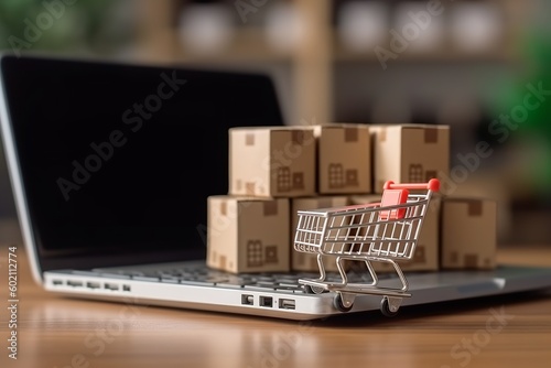 shopping cart on laptop ecommerce concept