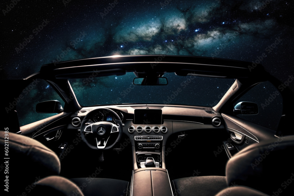Car interior with galaxy and nebula background, first person view. Vehicle in space for futuristic travel. Creative spaceship. Created with Generative AI
