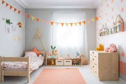 Child room in scandinavian style with natural colors and wooden furniture. Interior of cozy kids bedroom. Created with Generative AI
