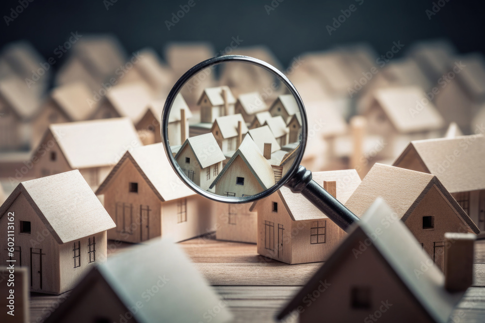 Searching new house for purchase. Rental housing market. Magnifying glass near residential building. Created with Generative AI - obrazy, fototapety, plakaty 