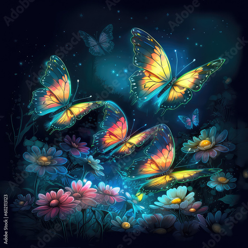 Papillon et fleurs dans l'obscurité © Mohamed