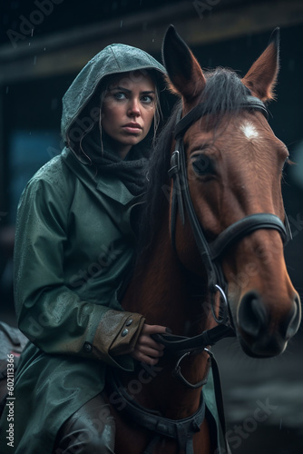 Woman with her horse in the rain - ai generative © Giordano Aita