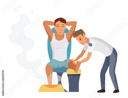 Massage therapist at work. Patient sits on chair, enjoying body relaxing treatment. Physiotherapist practicing massage, isolated cartoon characters. Flat vector illustration