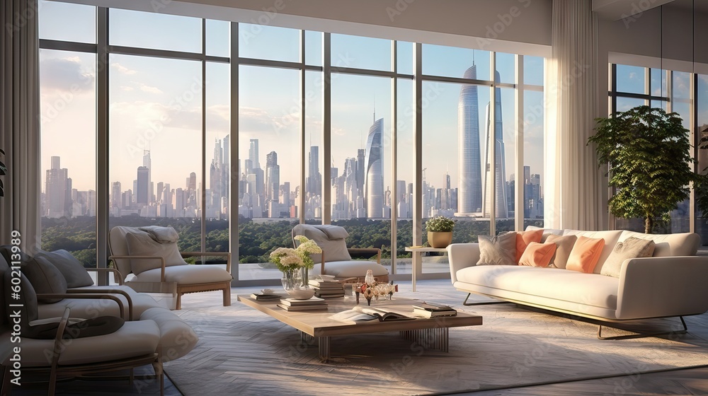 Luxurious living room in a penthouse of a skyscraper, overlooking the ... - Penthouse Living Atmosphere League City