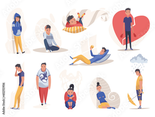 Group of depressed people. Depression. Sad man and woman in different poses seating, standing. Lonely teenagers. Symbol of sorrow, sadness and mental disorder. Unhappy and stressed students