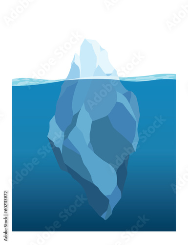 Iceberg floating in water. Arctic glacier. Futuristic polygonal illustration on blue background. Huge white block of ice drifts with massive underwater part