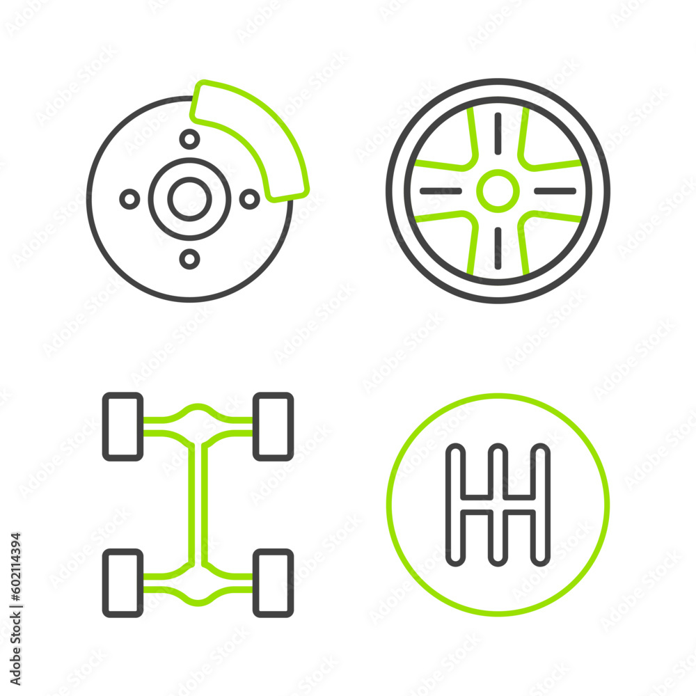 Set line Gear shifter, Chassis car, Alloy wheel and Car brake disk with caliper icon. Vector Set line Gear shifter, Chassis car, Alloy wheel and Car brake disk with caliper icon. Vector