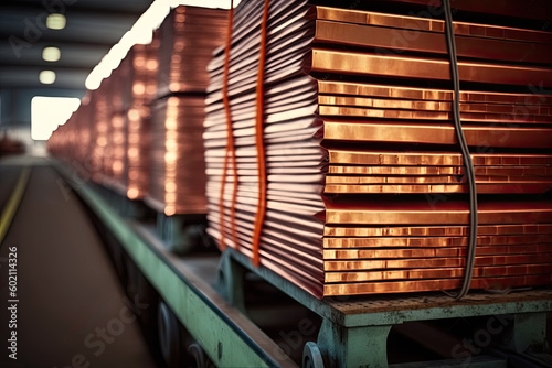 Stacks of cathode copper sheets tied with ribbons on rail carriages in light warehouse at metal refinery plant, ai generative photo