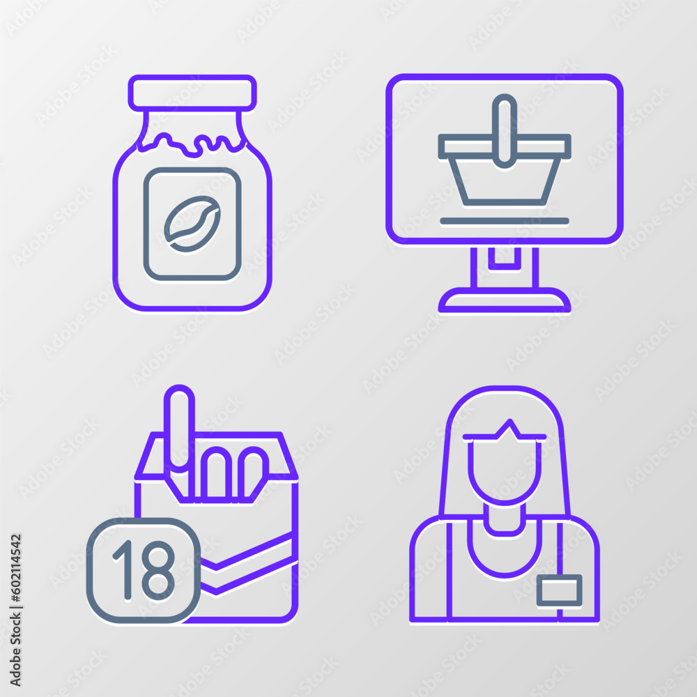 Set line Seller, Cigarettes pack box, Shopping cart on computer and Coffee jar bottle icon. Vector Set line Seller, Cigarettes pack box, Shopping cart on computer and Coffee jar bottle icon. Vector