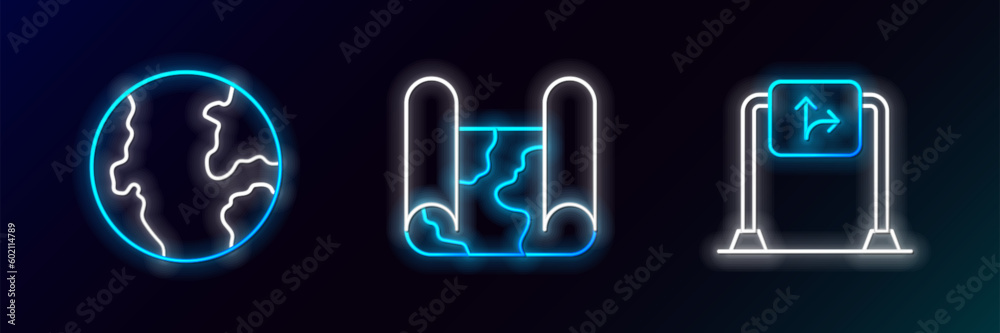 Set line Road traffic sign, Earth globe and Folded map icon. Glowing neon. Vector Set line Road traffic sign, Earth globe and Folded map icon. Glowing neon. Vector