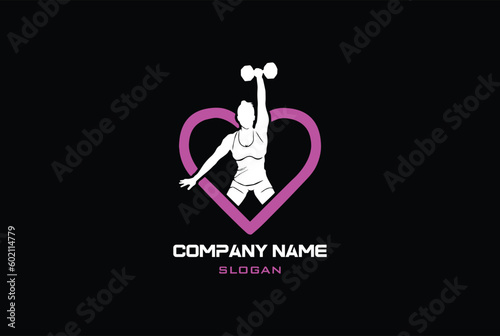 Fitness girl lifting dumbbell, biceps training, vector logo element for gym