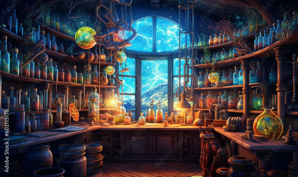 Obraz premium fantasievolles mittelalterliches Alchemistenlabor. generative KI