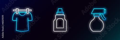 Set line Water spray bottle, Drying clothes and Bottle for cleaning agent icon. Glowing neon. Vector