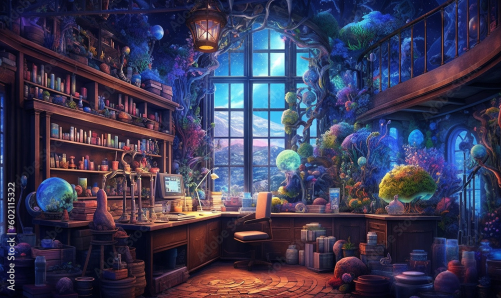 Naklejka premium fantasievolles mittelalterliches Alchemistenlabor. generative KI