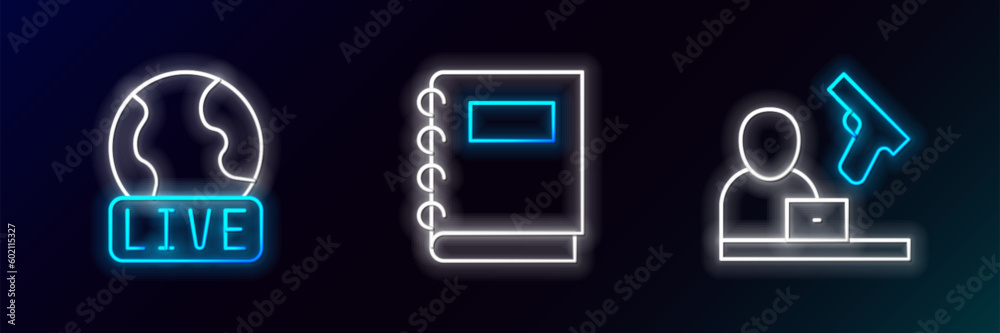 Set line Crime news, Live report and Notebook icon. Glowing neon. Vector