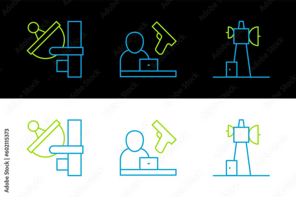 Set line Antenna, Radar and Crime news icon. Vector Set line Antenna, Radar and Crime news icon. Vector