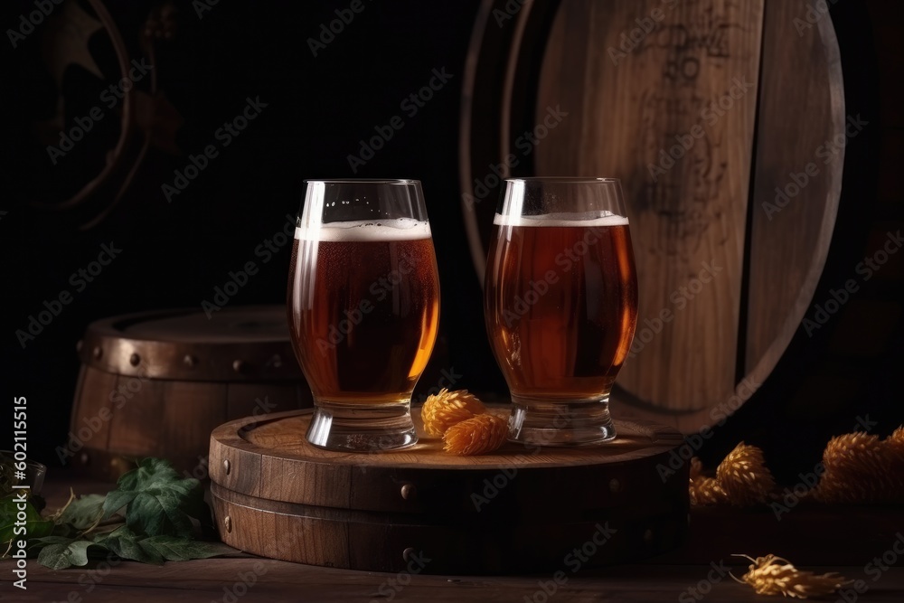 Glasses full of craft light beer on the wooden table in the background barrels, studio light. AI generative Glasses full of craft light beer on the wooden table in the background barrels, studio light. AI generative