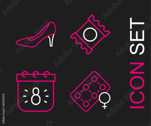 Set line Packaging of birth control pills, Calendar with 8 March, Condom package and Woman shoe icon. Vector