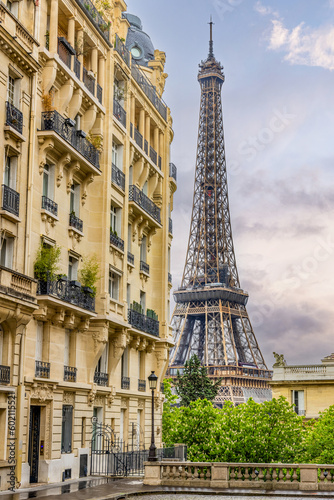 Paris, France, Avenue de Camoens. top instagram spot overlooking the Eiffel Tower. Classic French architecture and view in Paris City Centre. 